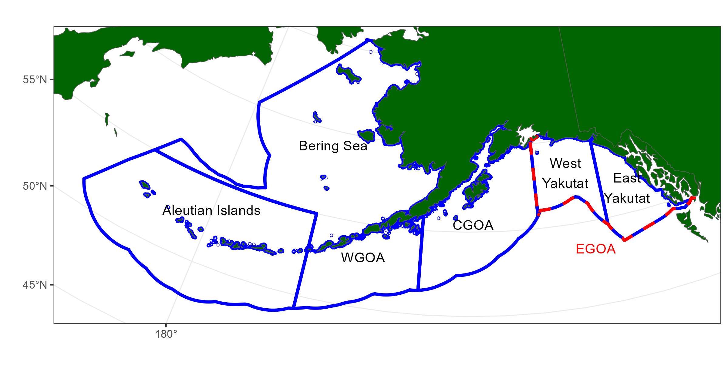 Fishery management plan boundaries. The Eastern Gulf is often reported at subareas split up be East/West Yakutat and sometimes Southeast.