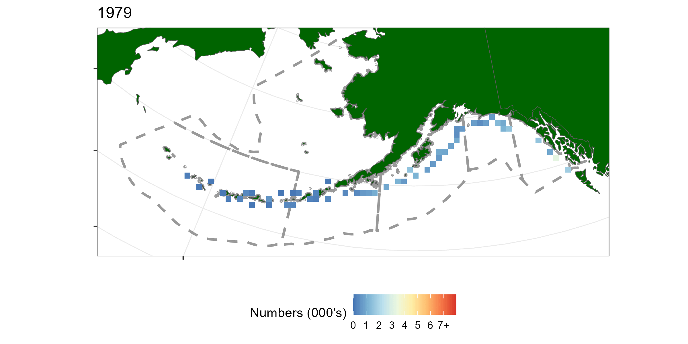 A time-series of sablefish catch from the long line survey pooled over 50km by 50km grided cells
